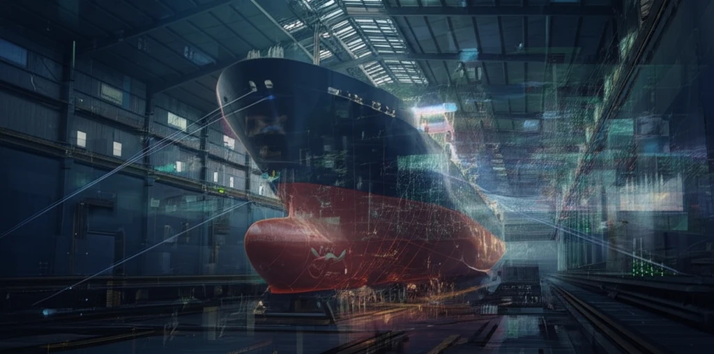 Ship in dry dock being scanned with lasers and overlaid with holographic data streams.