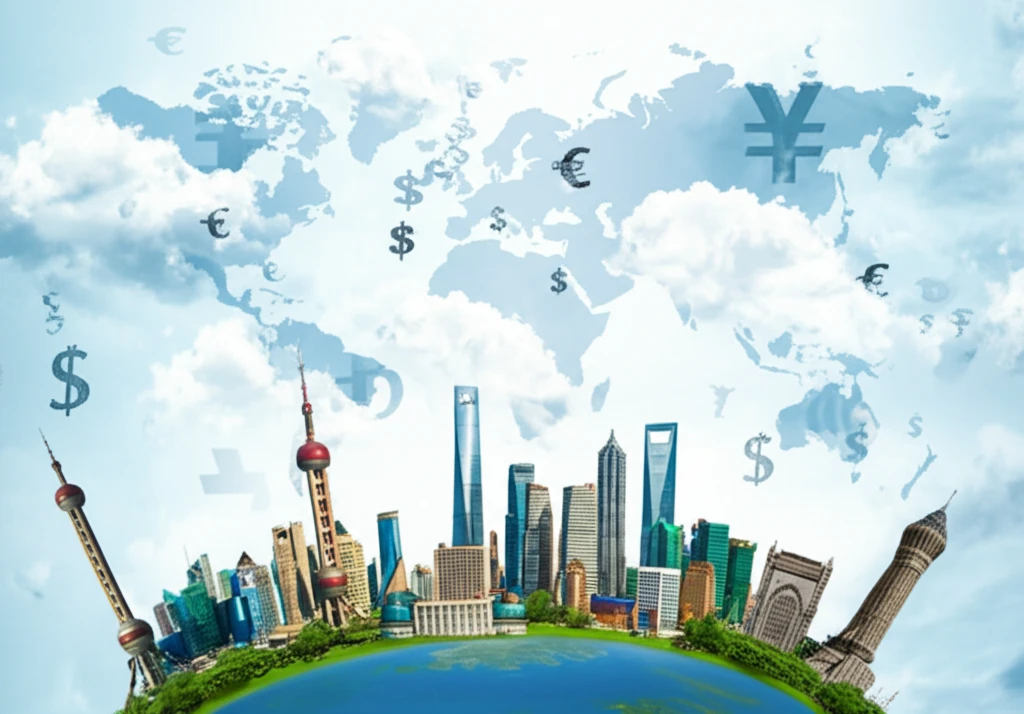World map with Shanghai and Mumbai skylines, symbolizing FDI in China and India