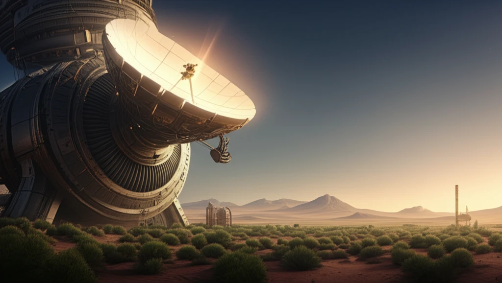 Futuristic hybrid solar power plant with volumetric receiver, blending desert and green landscapes.