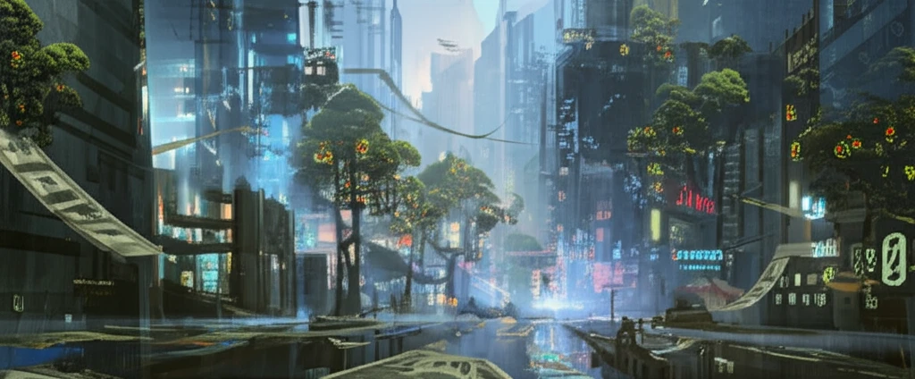 Futuristic city skyline with money trees, representing investment growth and financial models.