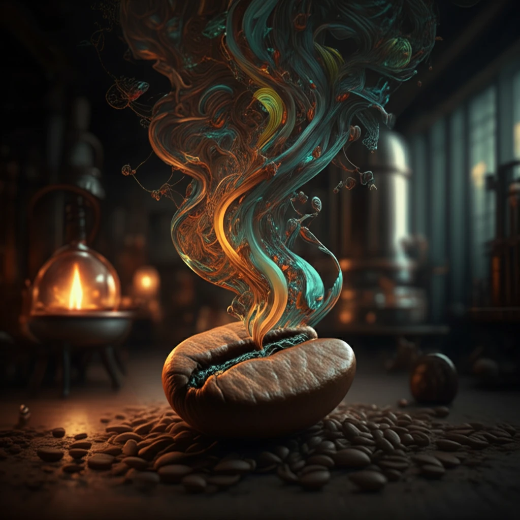 Surreal illustration of coffee aroma molecules transforming during the manufacturing process.