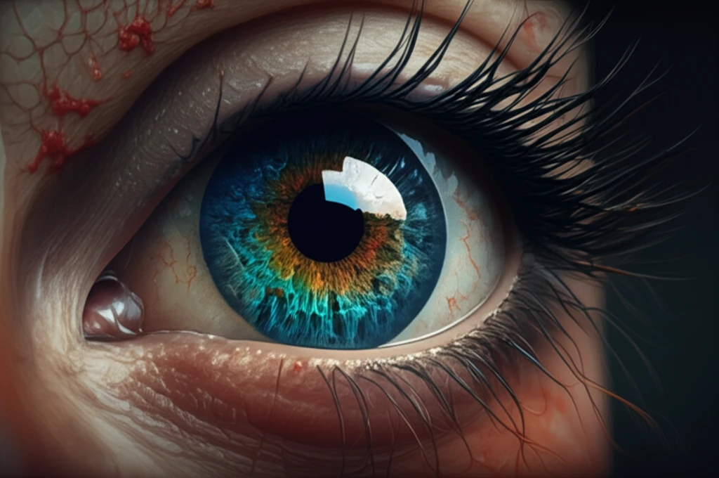 Digital illustration showing the transition from a healthy eye to a retina with detectable lesions.