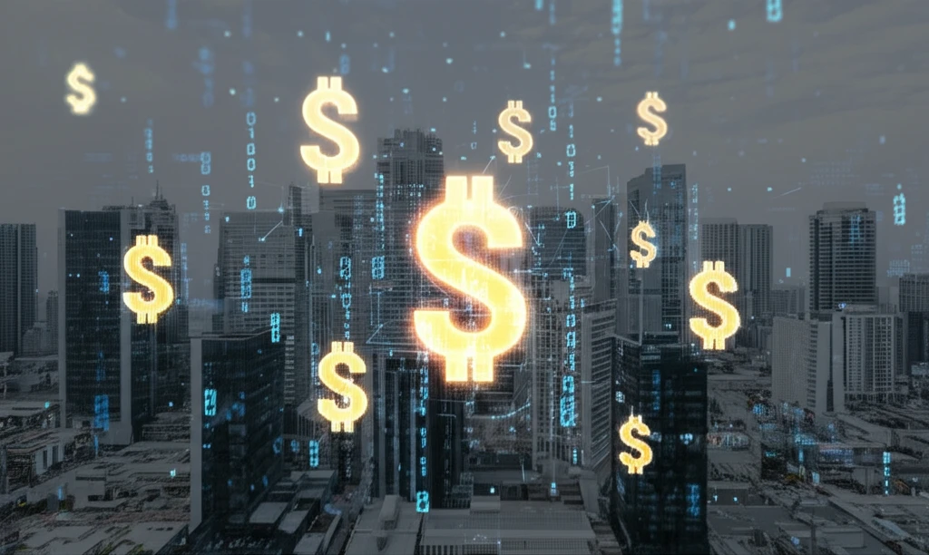 Financial district transforming into circuit boards symbolizing CDS market's fusion with tech and data.