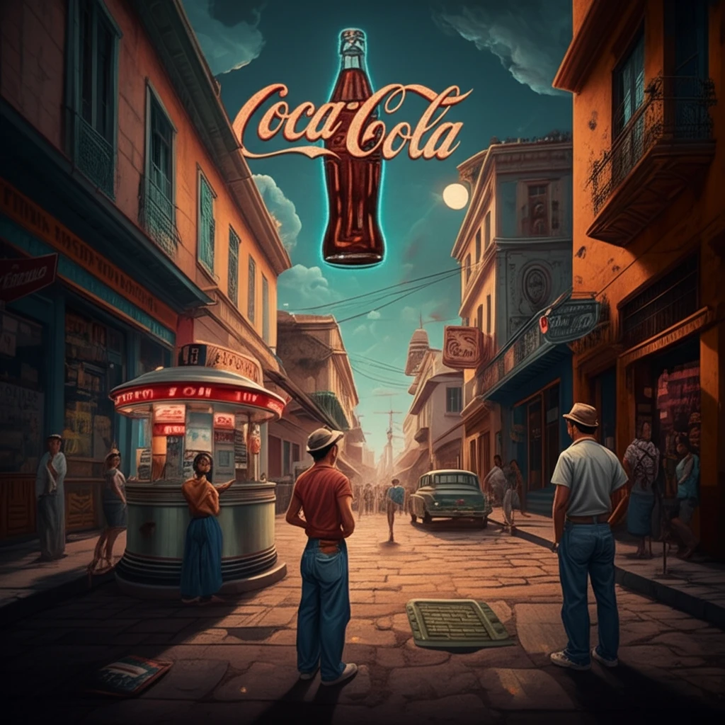 A surreal digital illustration of 1950s Bogota blending Colombian and American cultures.