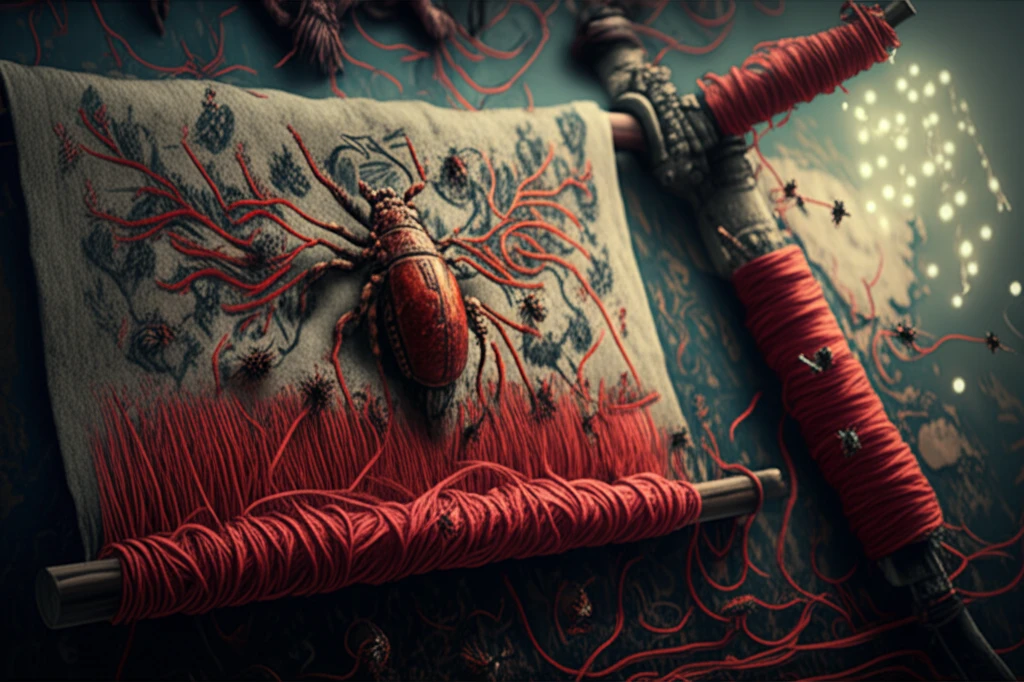 Surreal tapestry woven with insect dyes, showcasing the global history of natural red colorants.
