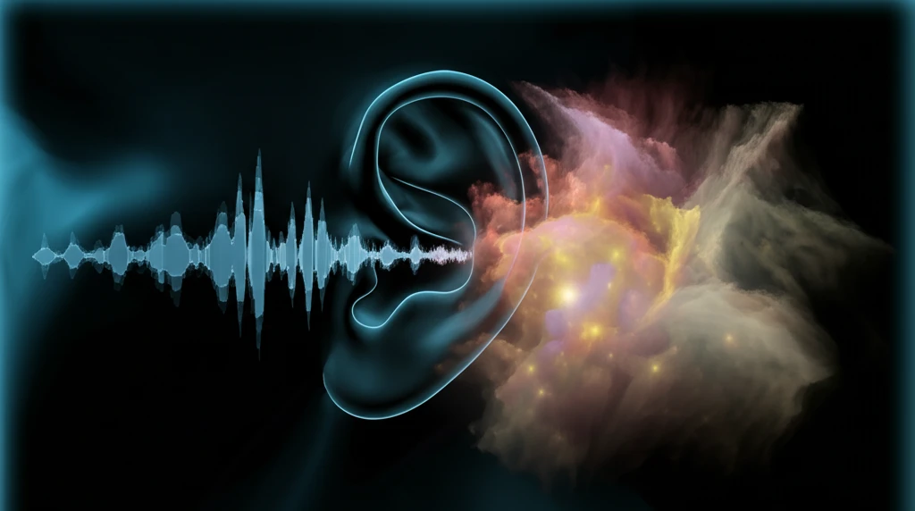 Surreal illustration of an ear emitting colorful sound waves, symbolizing otoacoustic emissions and hearing health.