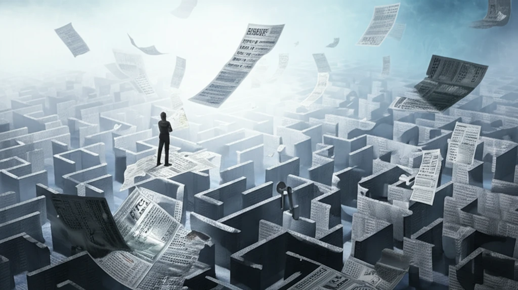 An investor navigates a maze of financial statements, representing the challenge of understanding complex disclosures.