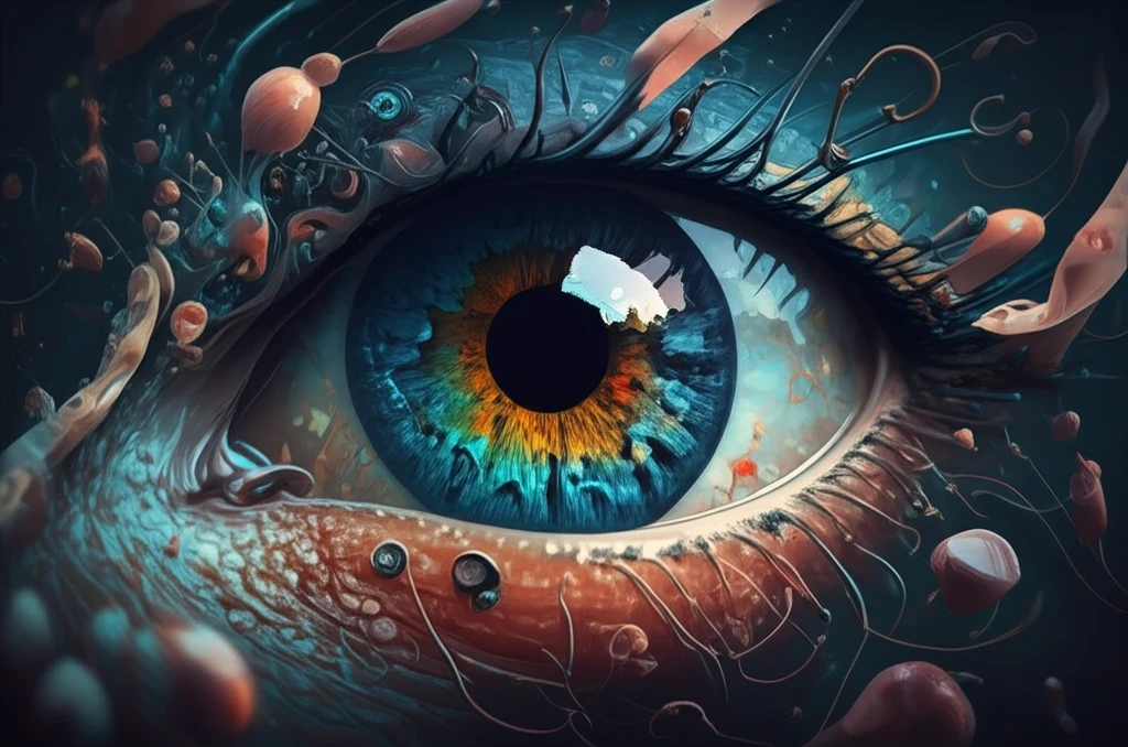 Surreal illustration of eye with glowing optic disc representing ODP maculopathy treatment.