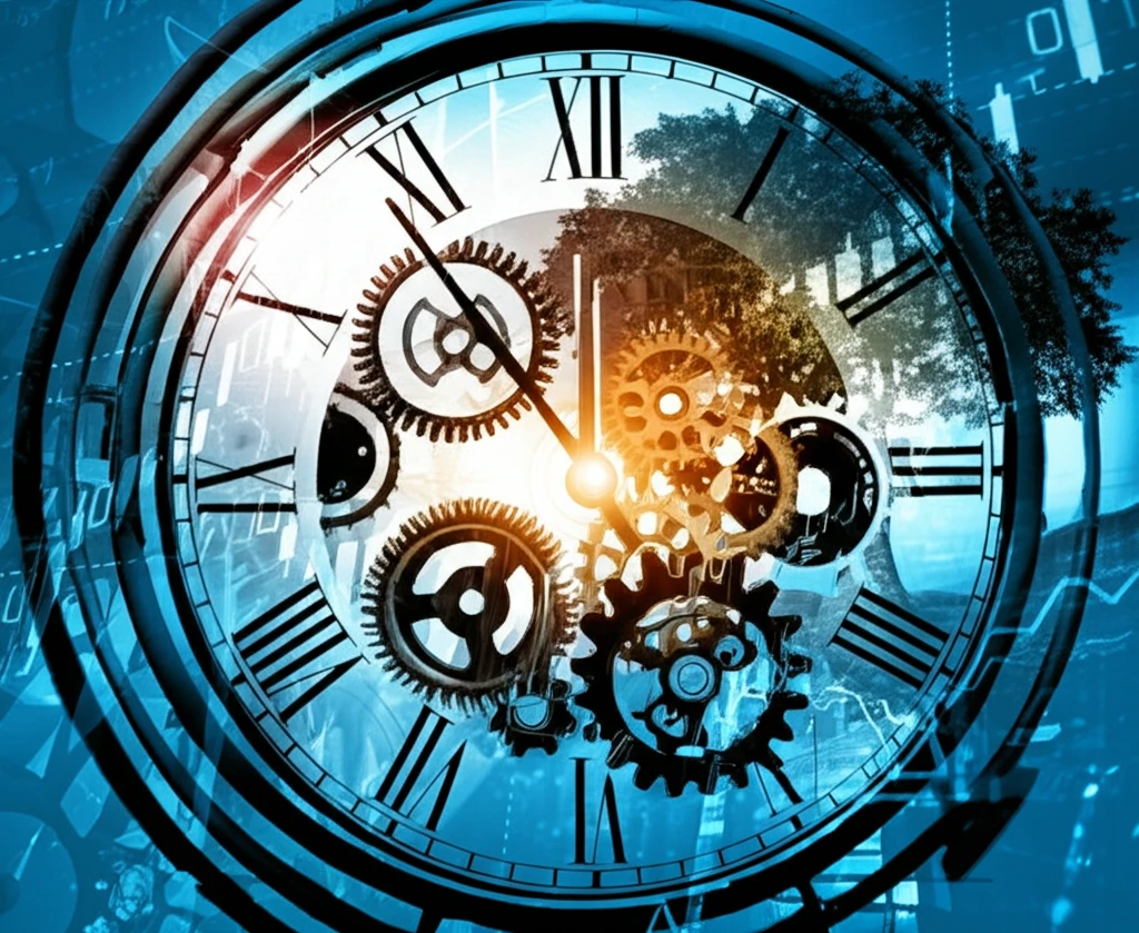 Surreal illustration of dynamic systems with time delay, featuring interconnected clocks, nature elements, and financial graphs.