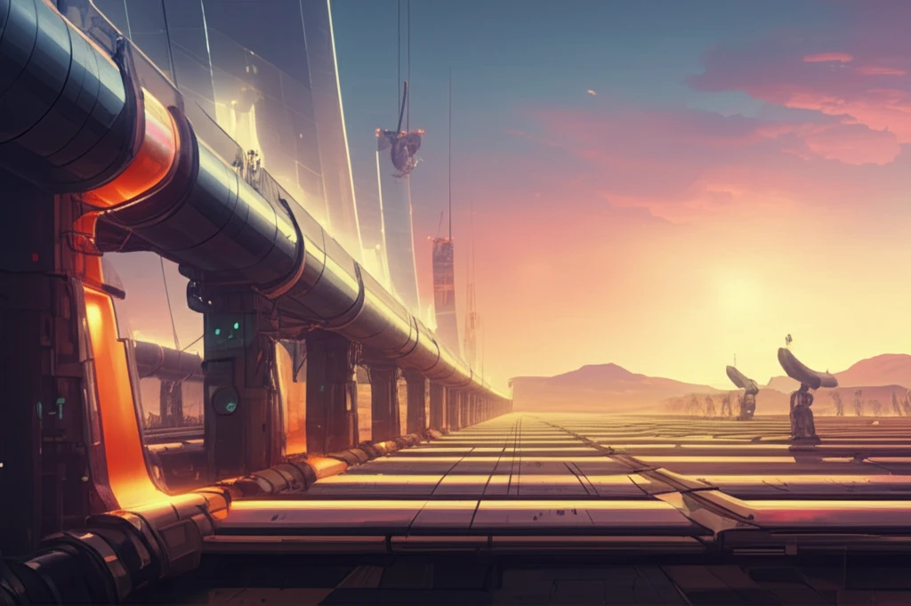 Futuristic parabolic trough CSP plant with molten salt flowing through, set against a desert landscape.