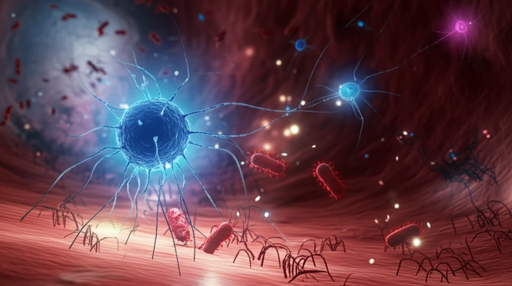Futuristic biosensors detecting pathogens in a vibrant, technological bloodstream.