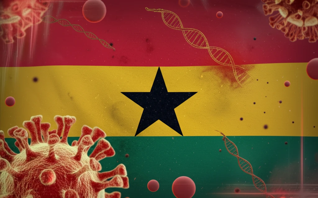 Microscopic view of the Hepatitis C virus with glowing RNA strands against a backdrop of the Ghanaian flag.