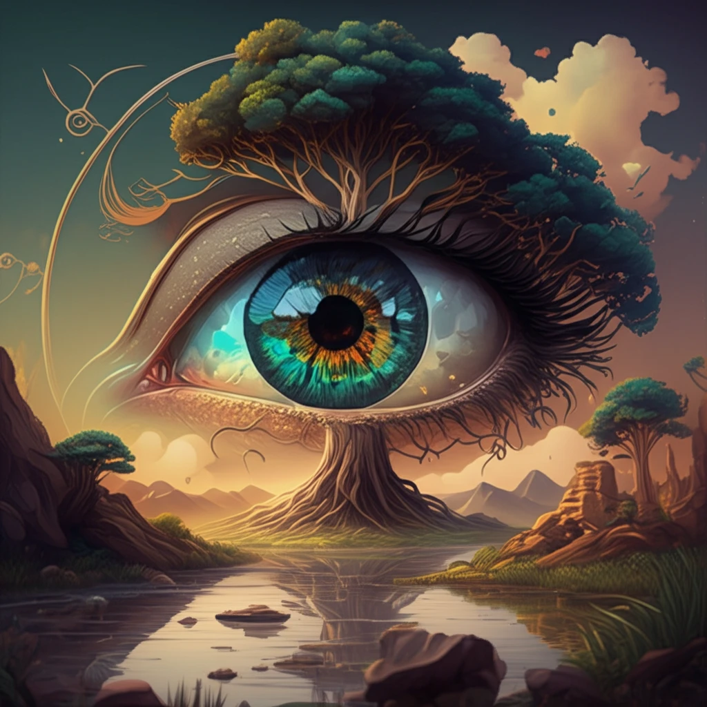 Symbolic image of an eye transforming into a tree, representing vision and growth.