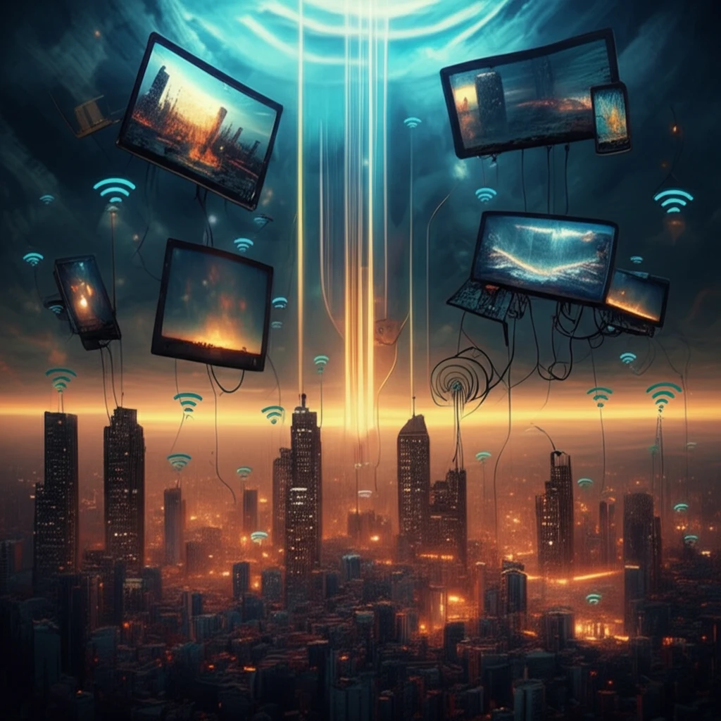 Interconnected wireless devices in a futuristic cityscape, symbolizing multi-passband filter technology.