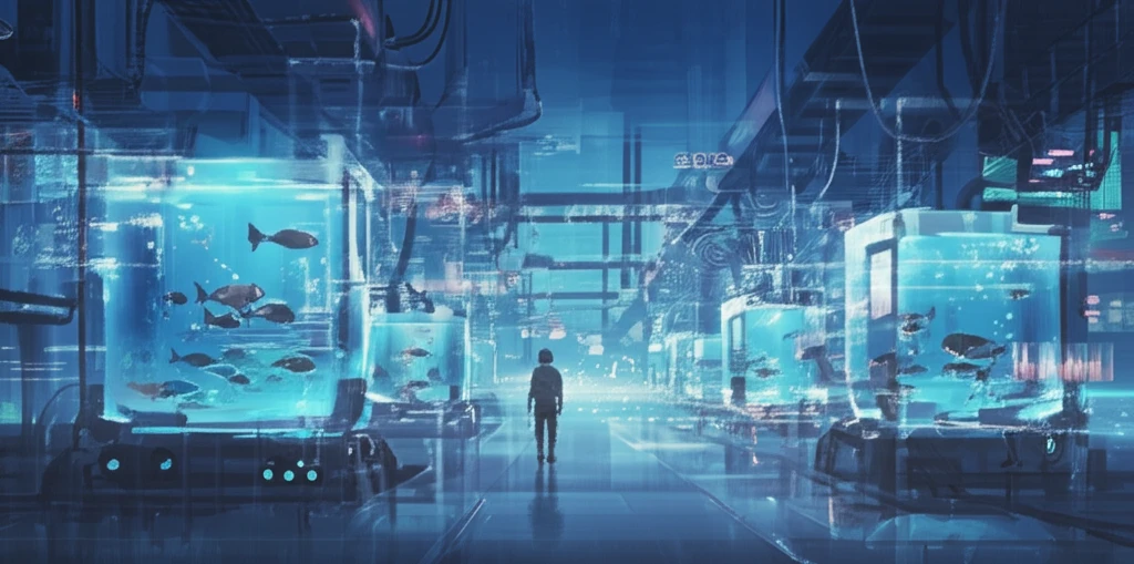 Futuristic fish farm showcasing sustainable aquaculture technology