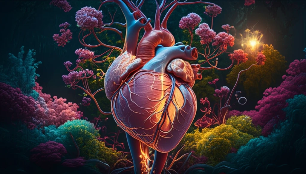 Illustration of a healthy heart intertwined with vibrant, blooming arteries, symbolizing growth and well-being.