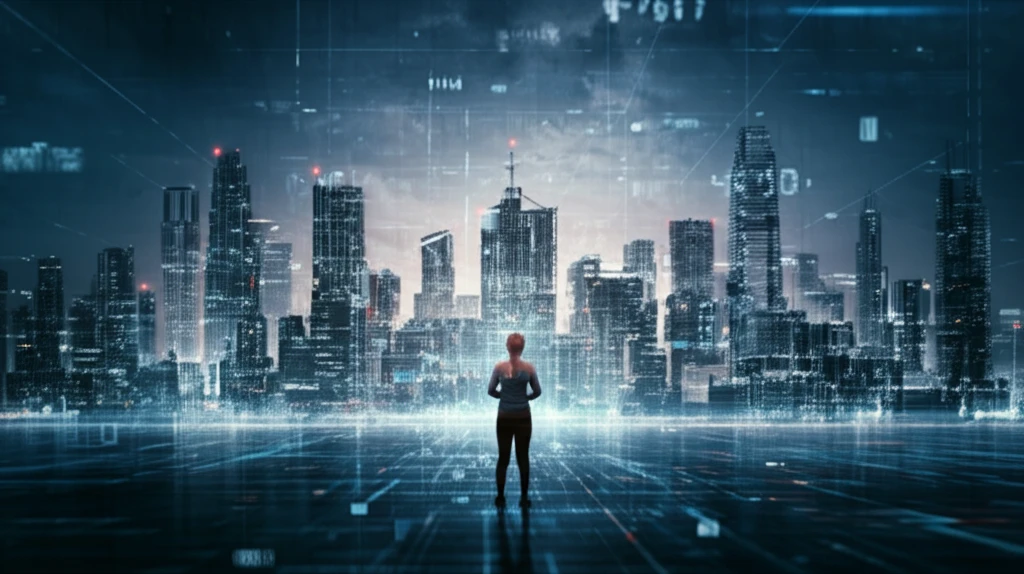Data points forming a cityscape representing business analytics.