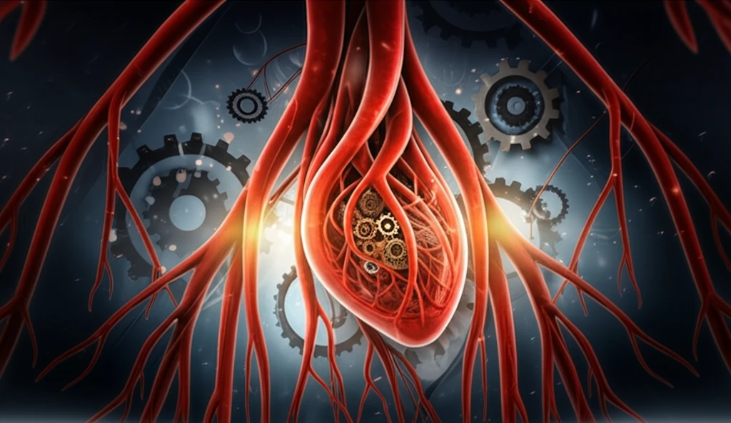 Surreal illustration of gears and blood vessels symbolizing VTE prevention after joint replacement.