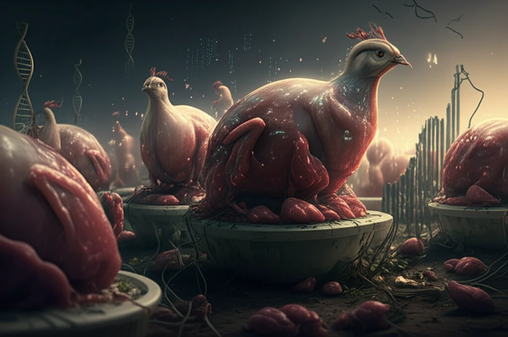 Digital illustration of meat quails in a geometric structure with growth data points.