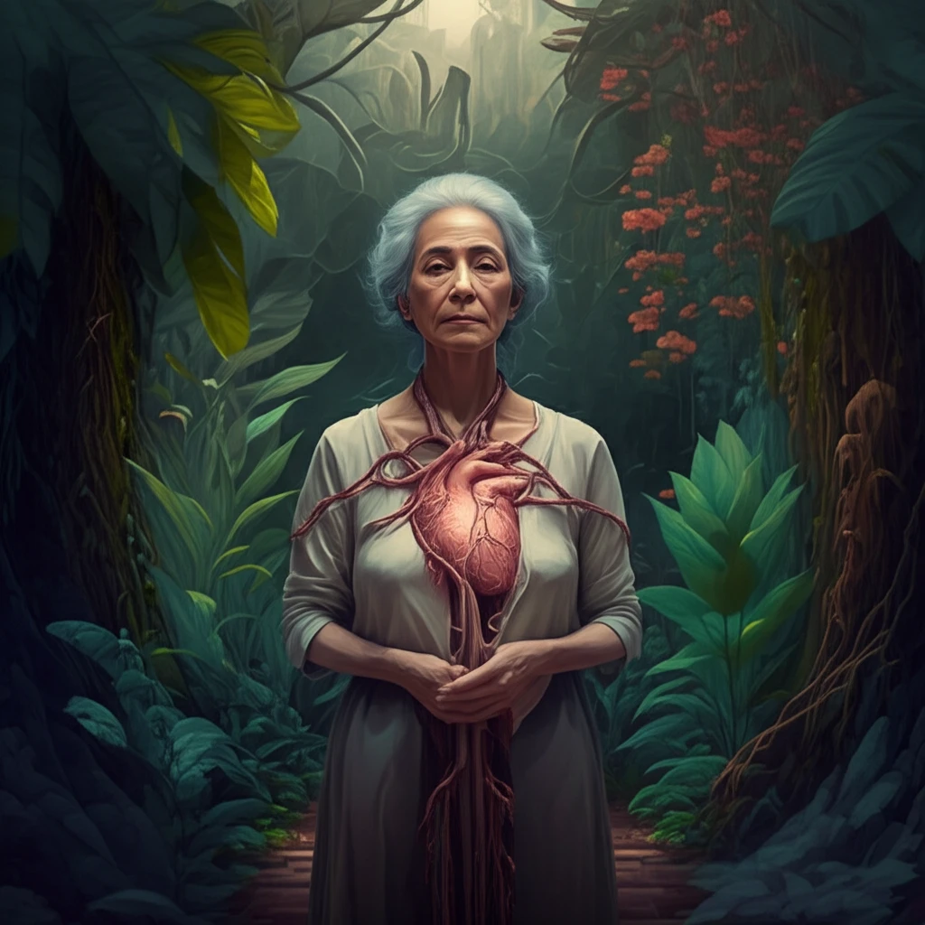 A surreal illustration of a woman with a glowing heart, symbolizing resilience in the face of a rare heart condition.