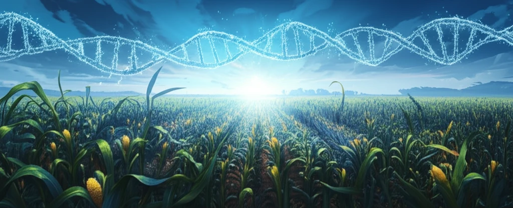 Maize field with DNA helix sky, representing plant epigenetics.