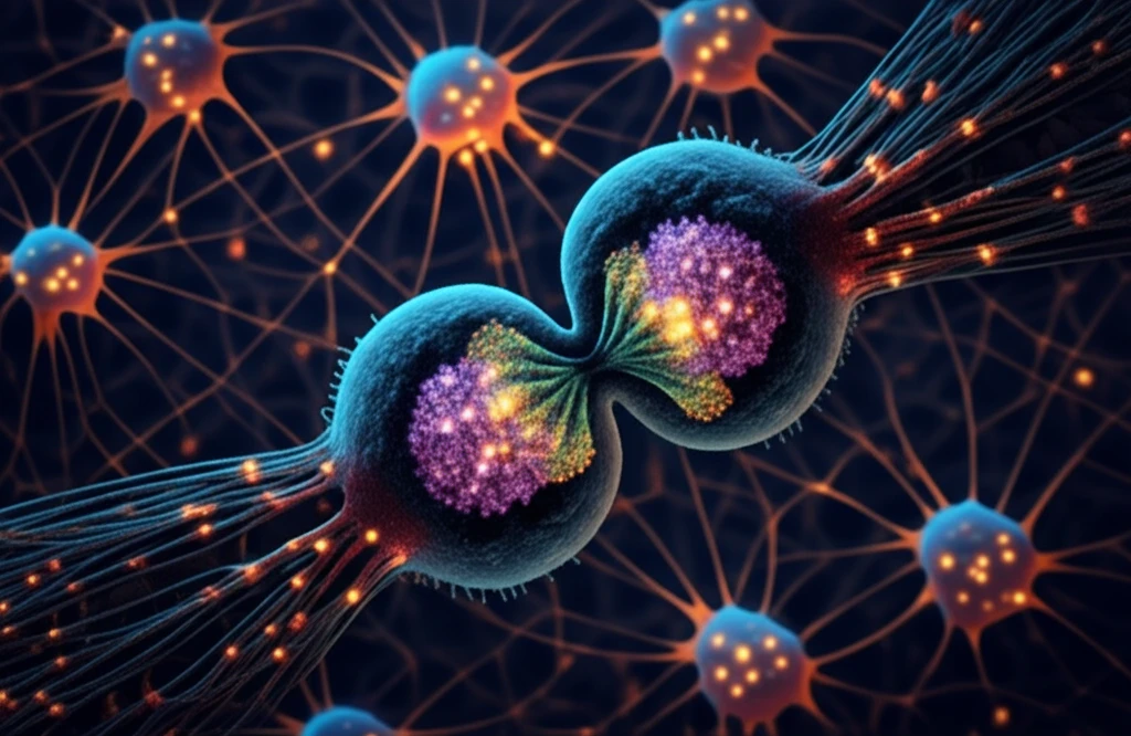 Illustration of cell division highlighting RAP55/LSM14 protein on mitotic spindle