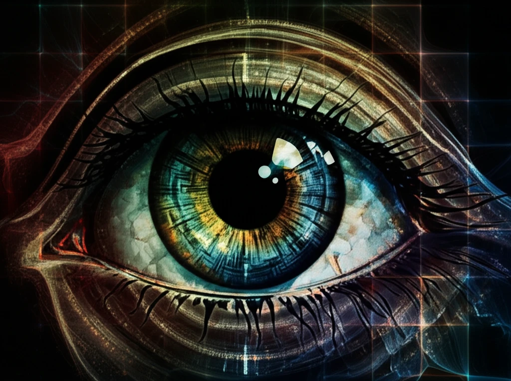 Surreal illustration of an eye with glowing patterns representing retinal sensitivity, illustrating advanced eye diagnostic technology.