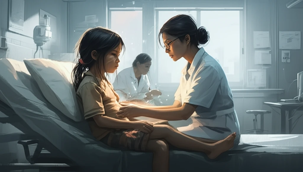 A nurse tending to a glowing child, blending modern hospital with indigenous landscape.