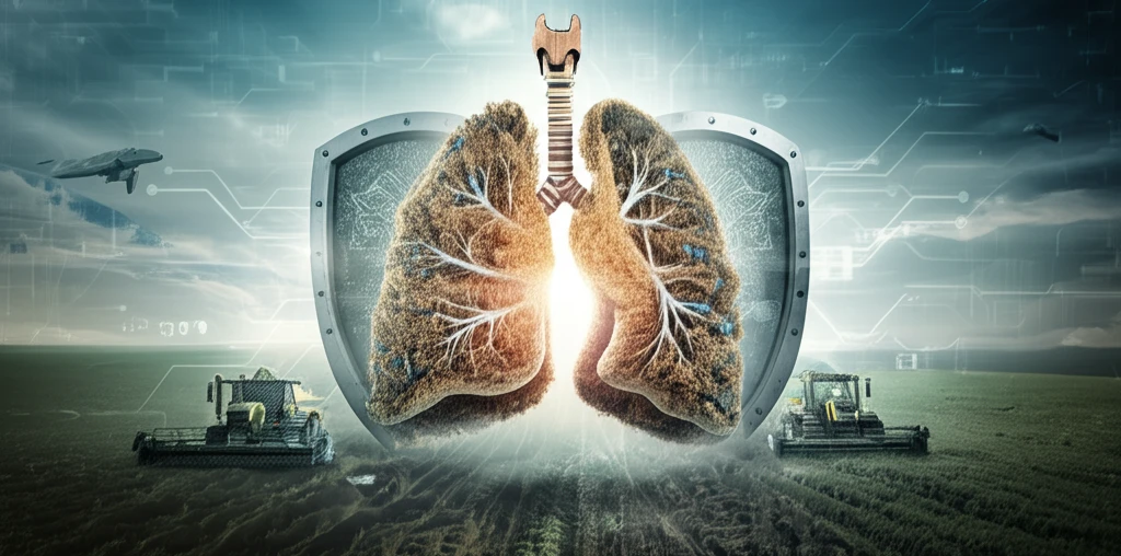 Surreal illustration of a lung interwoven with wheat and farm equipment, symbolizing the potential protective effects of agriculture.