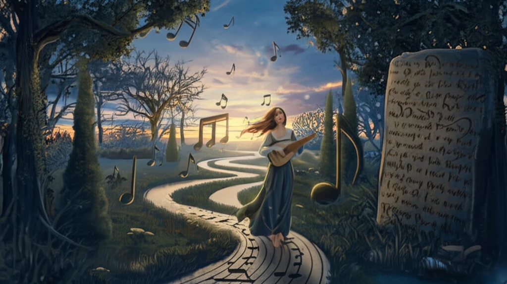 A surreal medieval garden with paths as musical notes, a woman holding a lute, and a stone tablet with old German script.