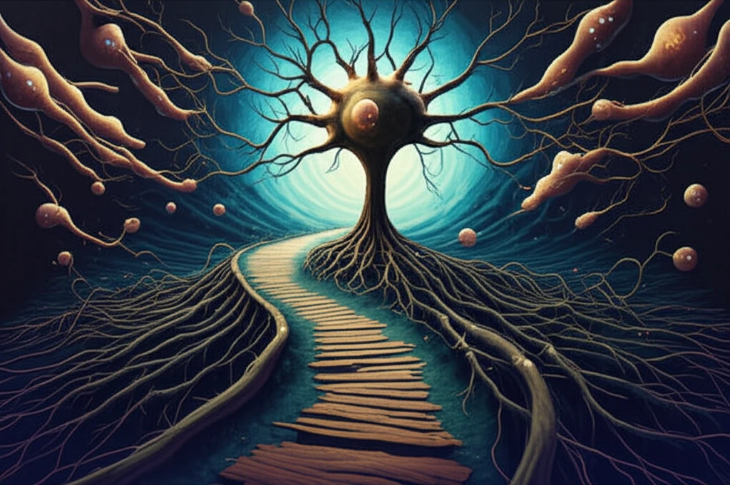 A surreal illustration of neural cells branching like tree roots, representing the long-lasting impact of floor plate cells on brain development.