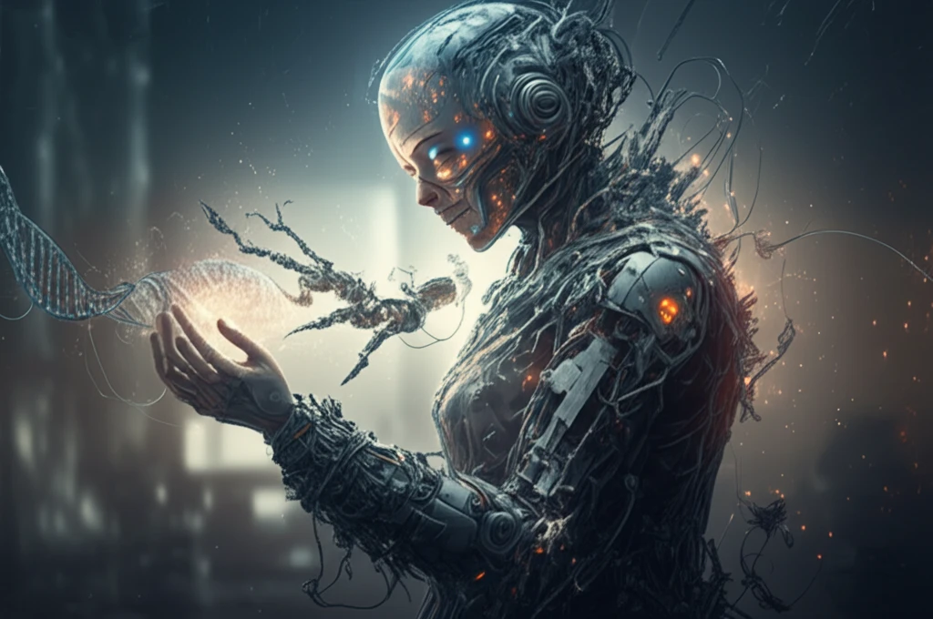 Surreal illustration of surgeon's hands with robotic arms and glowing DNA strands.