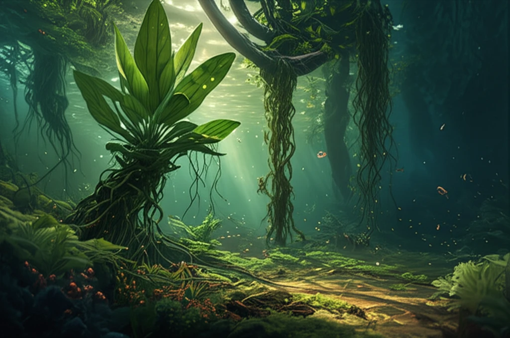 Lush aquatic plants on a tropical lagoon illustrating methane oxidation.