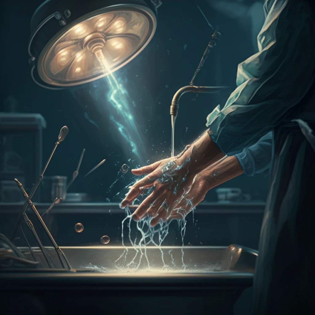 Surreal illustration of hands washing in a sterile operating room, symbolizing surgical precision and care.