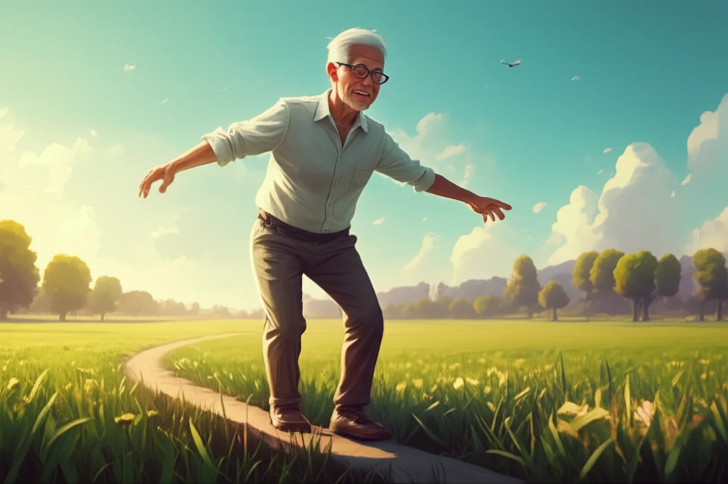 An older adult confidently balancing on a beam in a lush field.