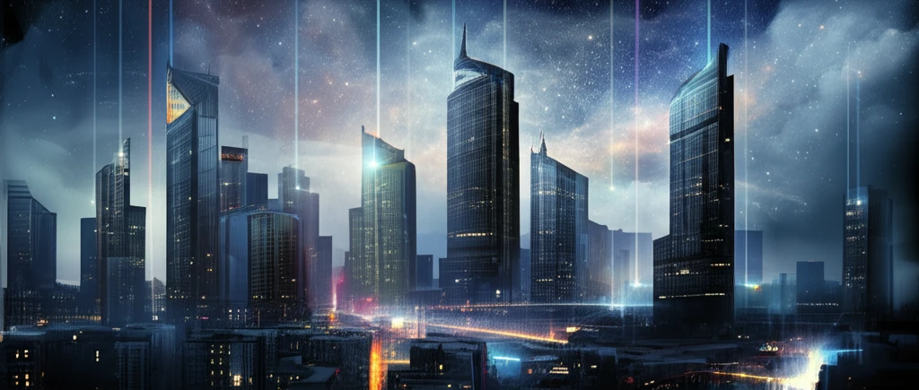 Futuristic city constructed from shimmering metamaterials, radiating energy.