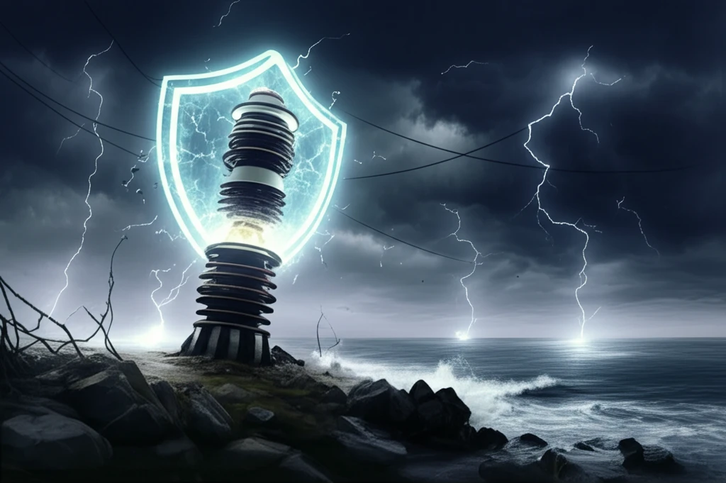 Power line insulator with protective shield against stormy coastal backdrop.