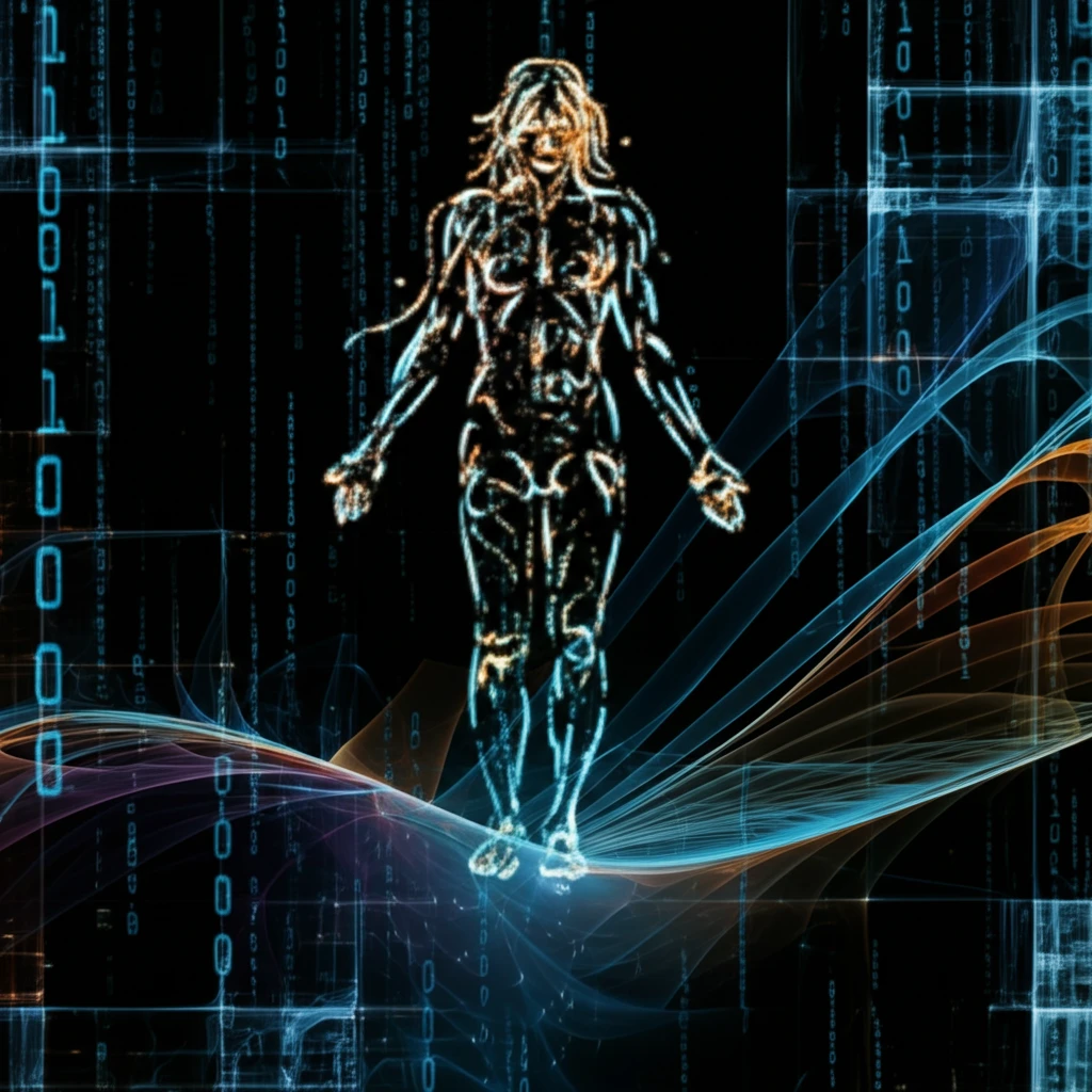 Abstract digital illustration of data points forming human figures on a binary code landscape, representing data analysis and spectral clustering.