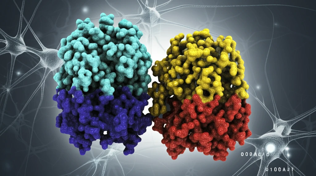 Digital illustration of STIP1 and S100A1 proteins intertwined, symbolizing their interaction in brain health.