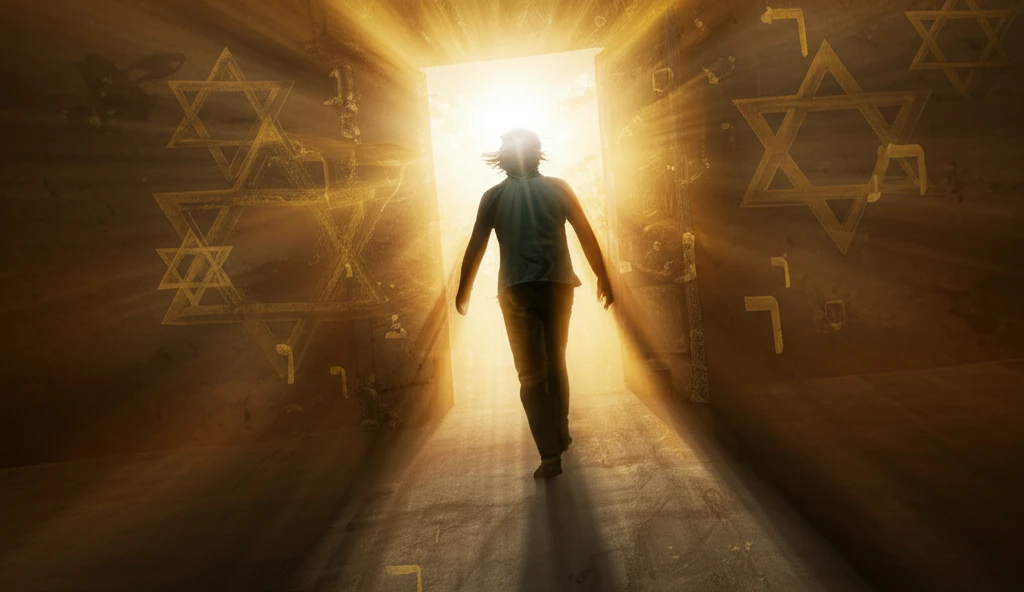 A person walking through a symbolic doorway representing spiritual transformation and conversion to Judaism.
