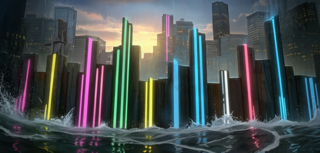 Surreal illustration of Seattle seawall protecting the city from an earthquake.