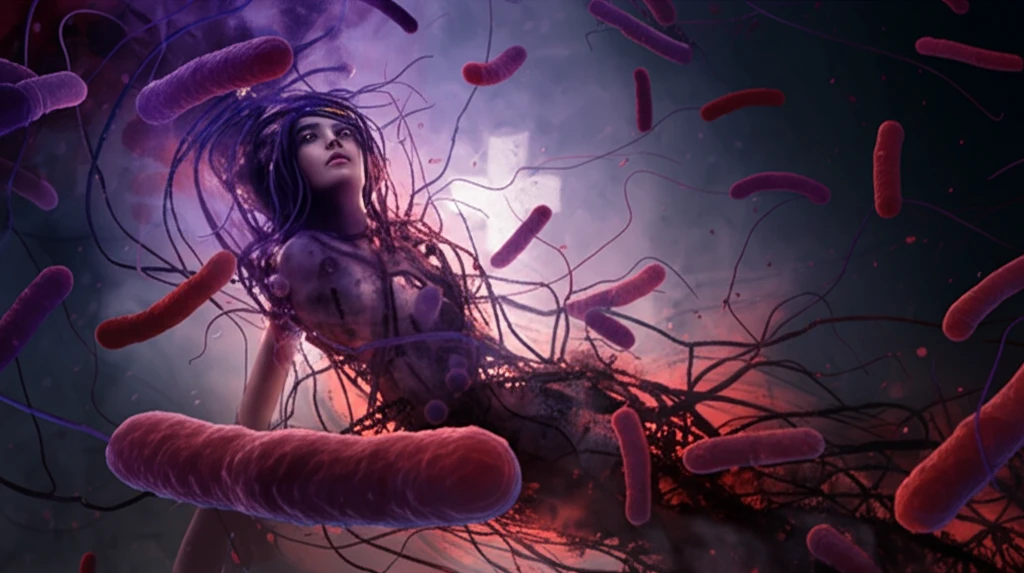 Surreal illustration of a woman surrounded by bacteria, symbolizing Streptococcal Toxic Shock Syndrome.