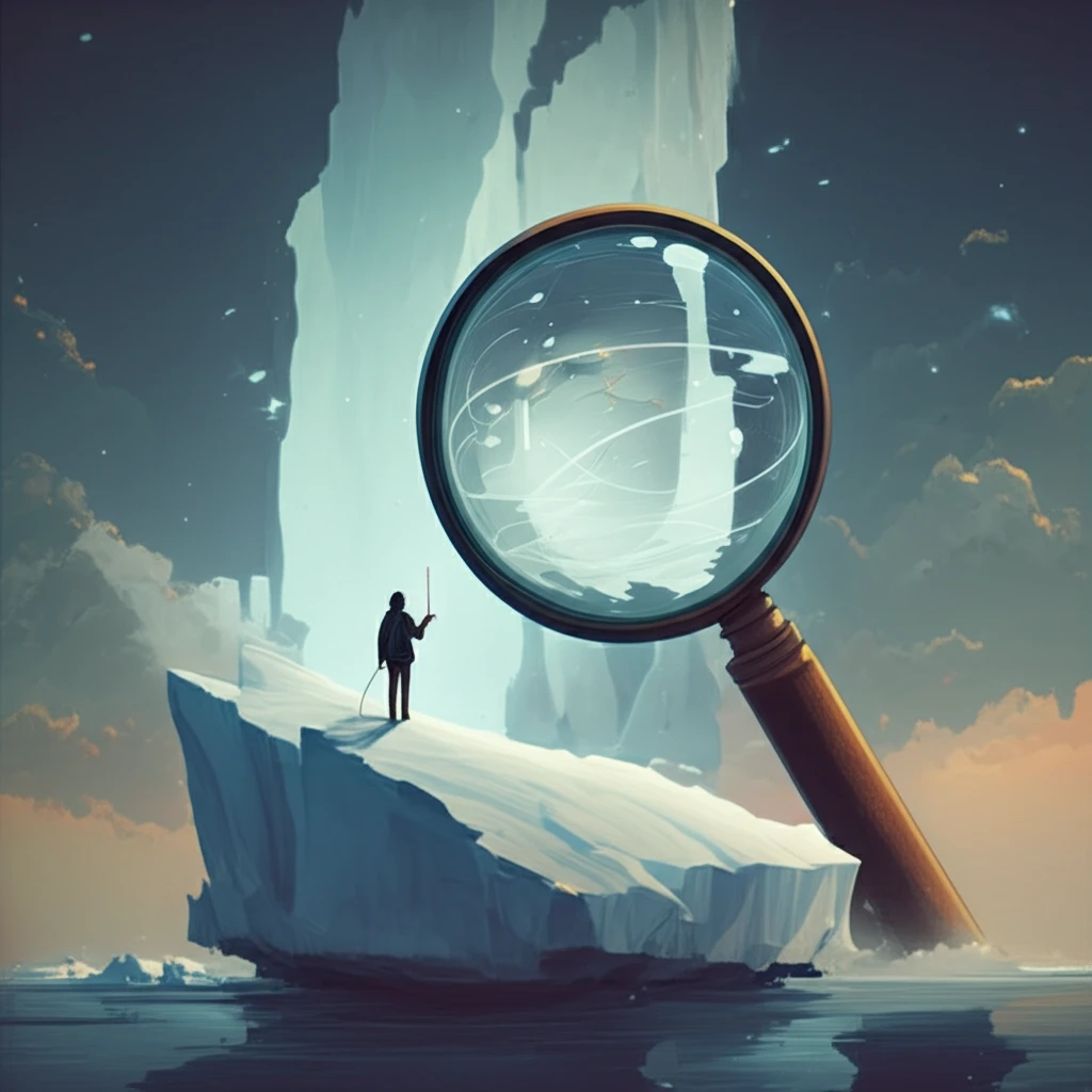 Person examining complex weather patterns on a melting iceberg.
