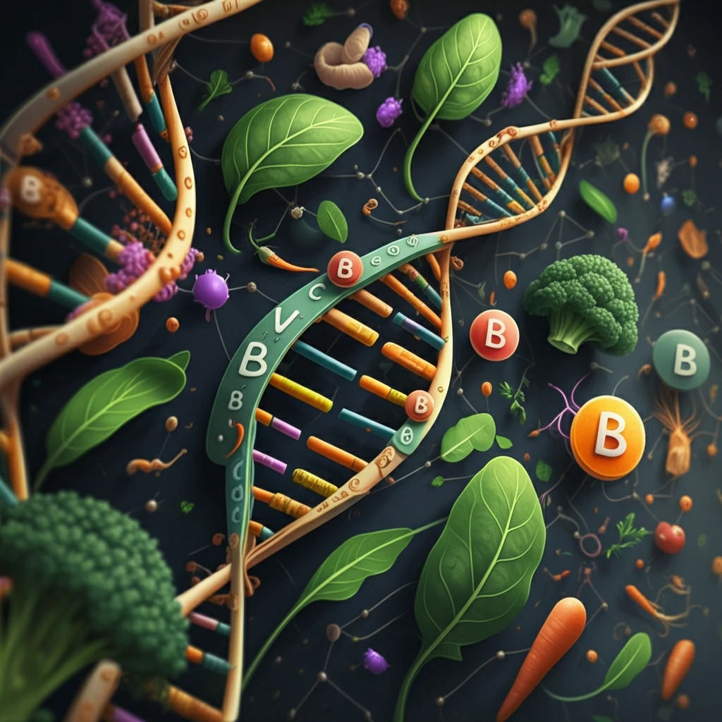 Digital illustration depicting interconnected nutrient pathways and DNA, representing one-carbon metabolism and healthy aging.