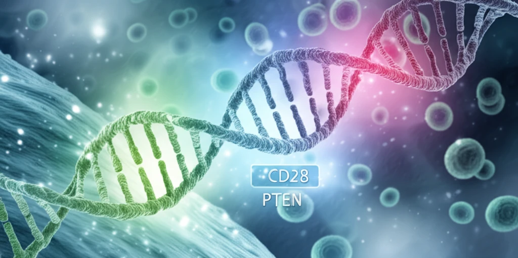 DNA strands of CD28 and PTEN, glowing brightly symbolizing hope in cervical cancer research.