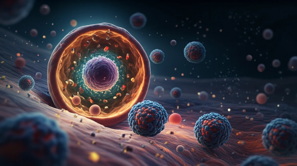 Surreal illustration of nanoparticles degrading inside a cell.