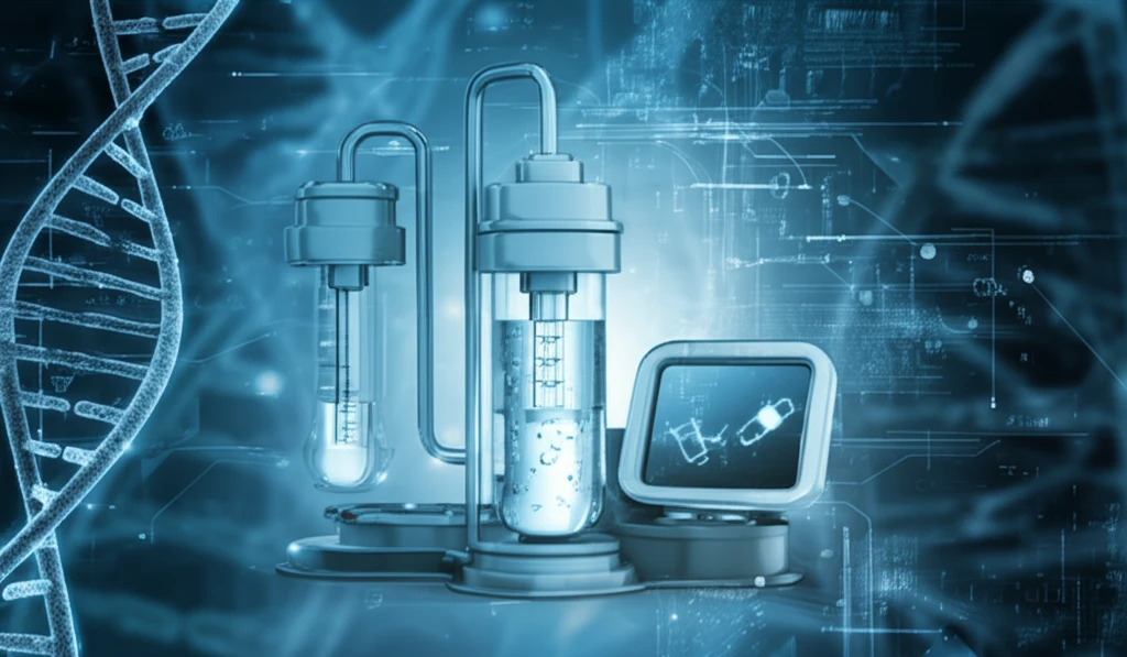 Stylized mass spectrometer analyzing water, with glowing DNA strands.