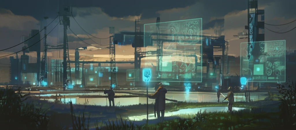 Futuristic landscape showing the transformation of oil sands tailings ponds into green environments with advanced monitoring technology.