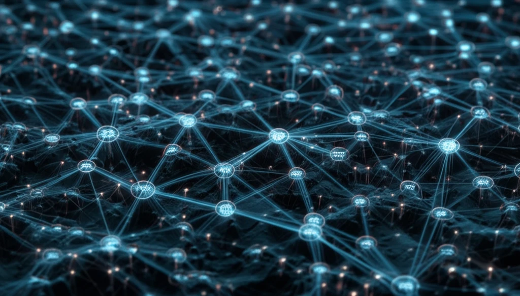 Digital illustration of a Finite State Automaton network processing text data.