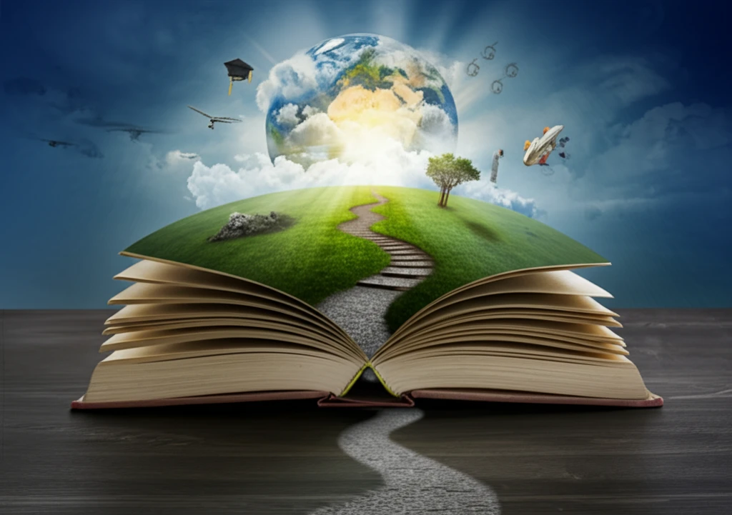 Open book with pathways leading to global landscapes, symbolizing adult learning journeys.